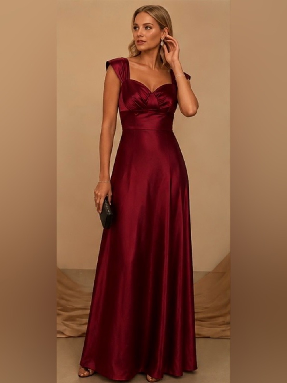 Elegant Burgundy Satin Maxi Dress with Cap Sleeves